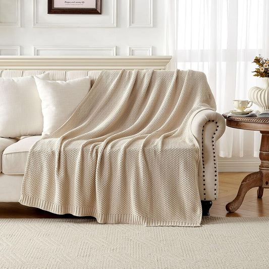 Chunky Cable Knit Throw Blanket, Lightweight 100% Organic Cotton Soft Cozy Throw Twin Blanket for Couch Bed and Sofa, Rustic Breathable Farmhouse Blanket Gift for Women Men(Beige, 51"X63")