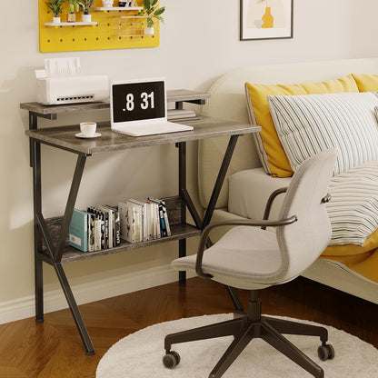 Small Desk, Small Computer Desk for Small Spaces, 27.5 Inch Computer Desk with Adjustable Monitor Stand, Compact Desk with Storage, Tiny Desk Study Desk for Bedroom Home Office, Grey