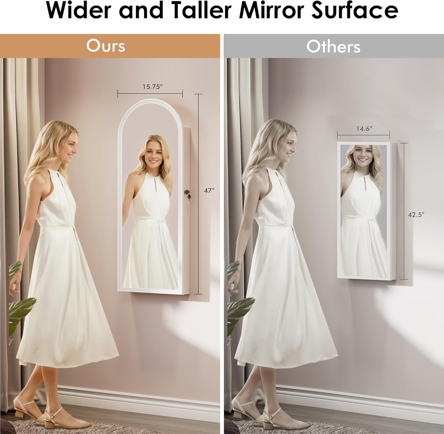 Tall Wall Mount Jewelry Armoire with Full-Length Mirror & 6 Leds - 47 in Lockable Arched Cabinet, 2 Drawers, Perfect for Christmas Gifts, Pure White
