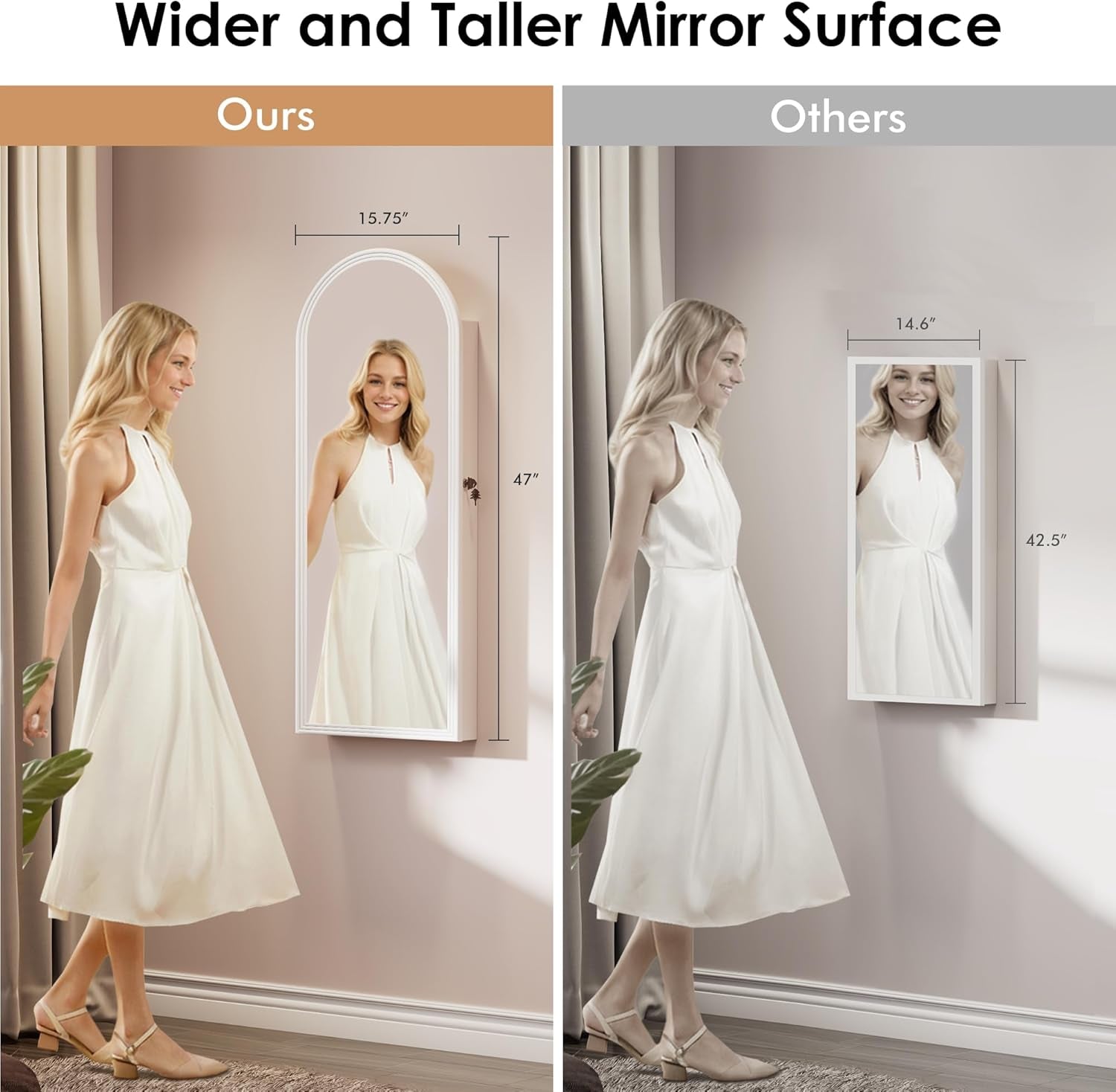 Tall Wall Mount Jewelry Armoire with Full-Length Mirror & 6 Leds - 47 in Lockable Arched Cabinet, 2 Drawers, Perfect for Christmas Gifts, Pure White