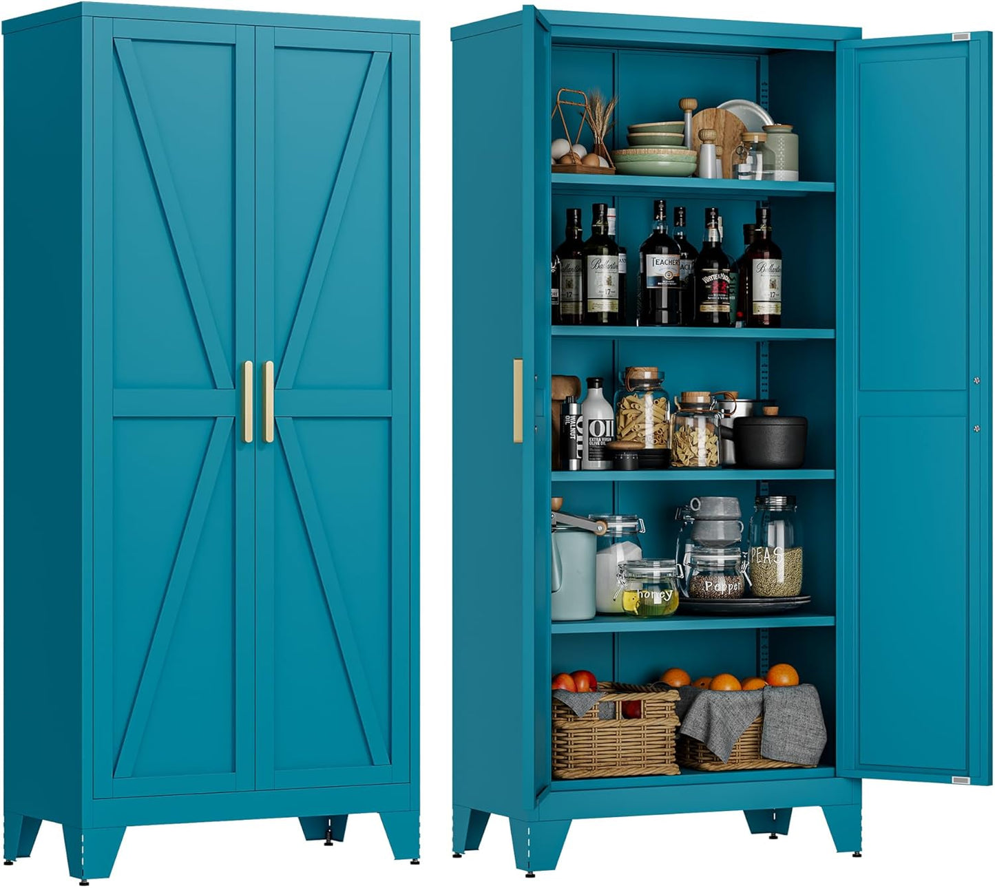 71" Tall Metal Storage Cabinet with 2 Doors and 4 Adjustable Shelves, 5-Tier Kitchen Pantry Storage Cabinet for Kitchen, Living Room, Dining Room and Office, Blue