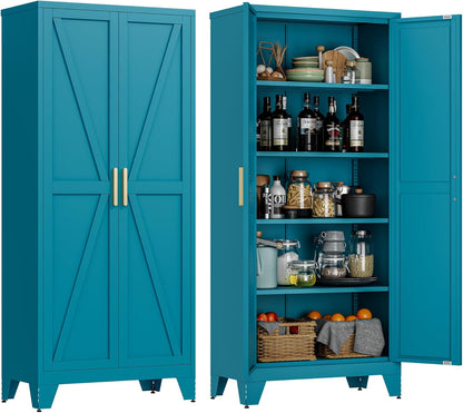 71" Tall Metal Storage Cabinet with 2 Doors and 4 Adjustable Shelves, 5-Tier Kitchen Pantry Storage Cabinet for Kitchen, Living Room, Dining Room and Office, Blue