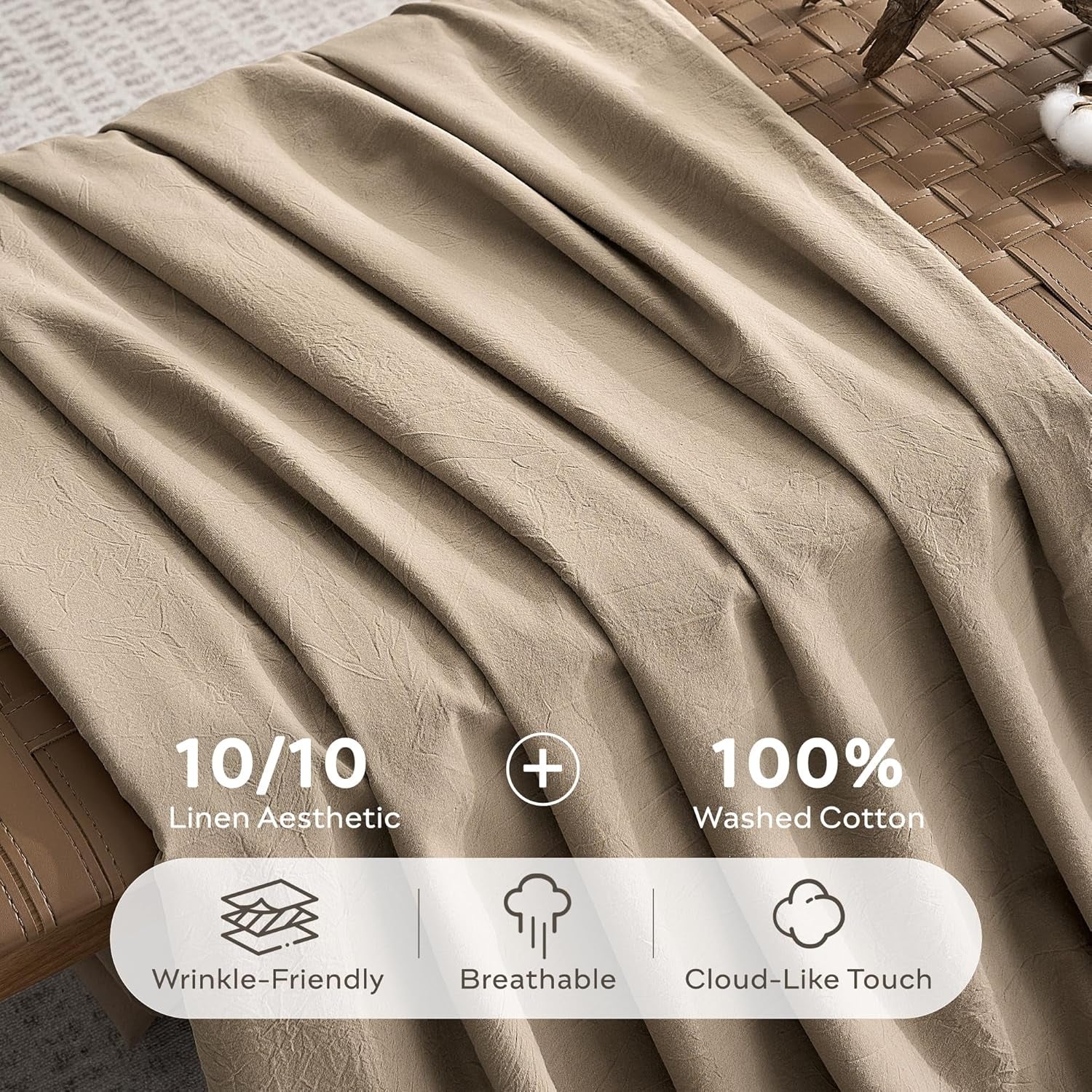 100% Washed Cotton King Pillowcases Set, 2 Pack Linen-Like Texture Breathable Pillow Covers with Button Closure,Dusty Khaki King 20"×36"(Pillows Are Not Included)
