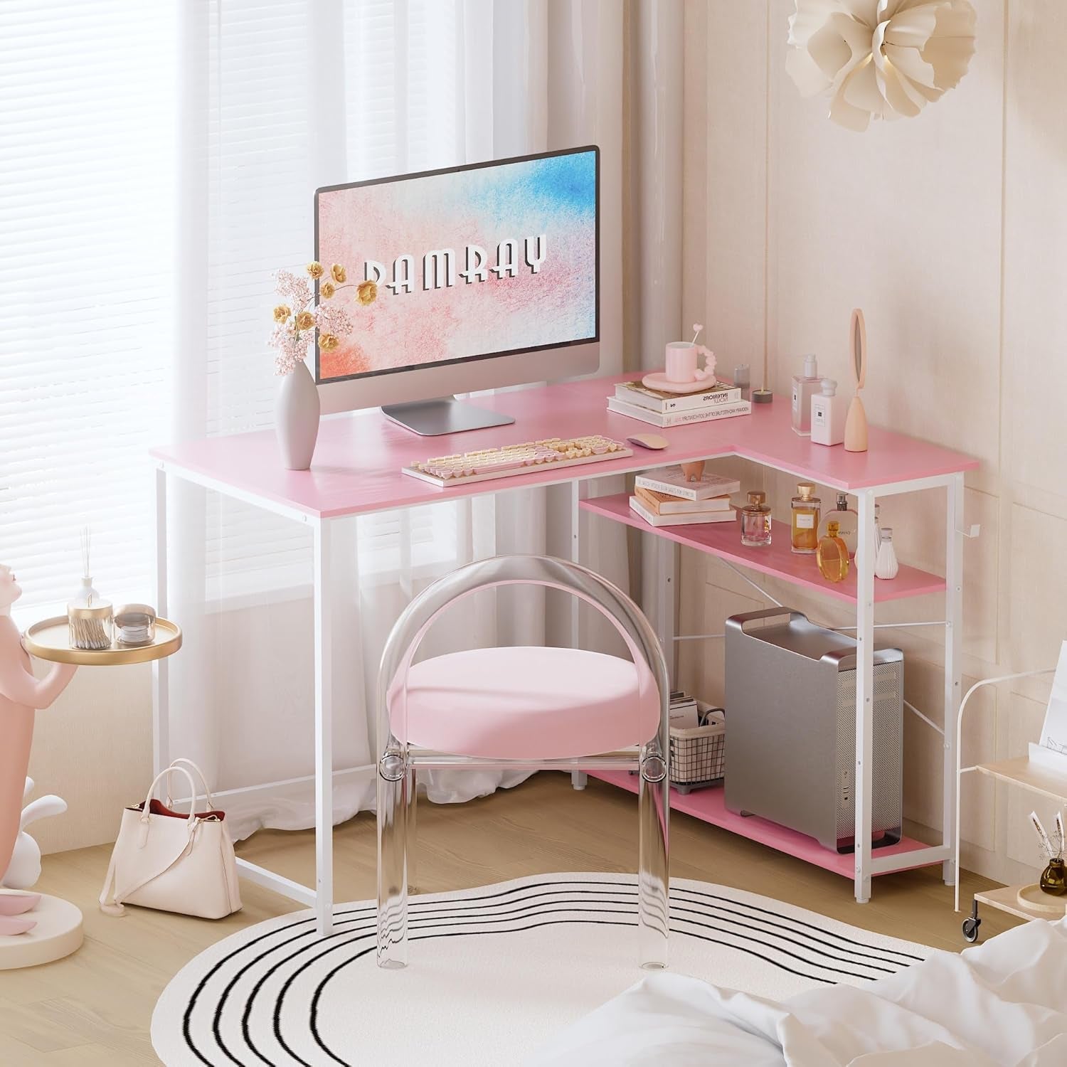 43 Inch L Shaped Computer Desk with Reversible Side Storage Shelves, Small Corner Desk for Small Space Home Office,Writing Study Table PC Desk for Bedroom,Pink with White Leg