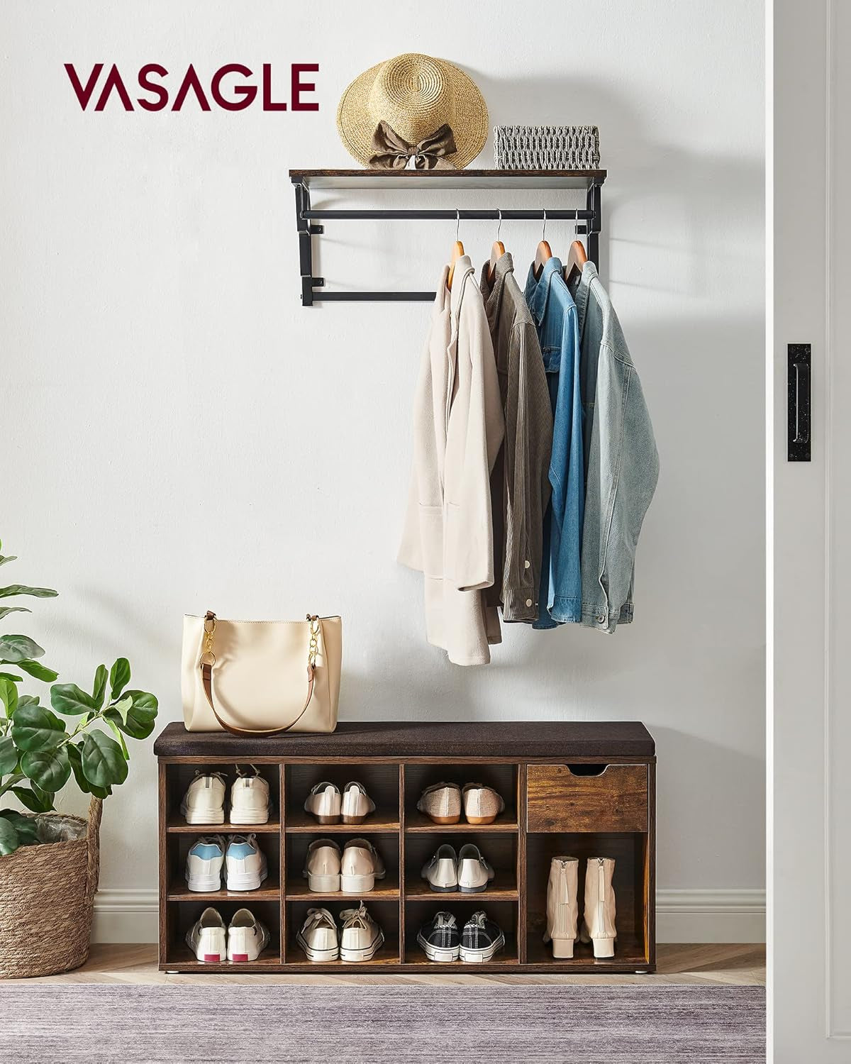 CUSTOS Collection - Shoe Bench, Storage Bench with Padded Seat, Entryway Bench with 15 Compartments, for Bedroom, 11.8 X 40.9 X 18.9 Inches, Rustic Brown and Brown ULHS024T01