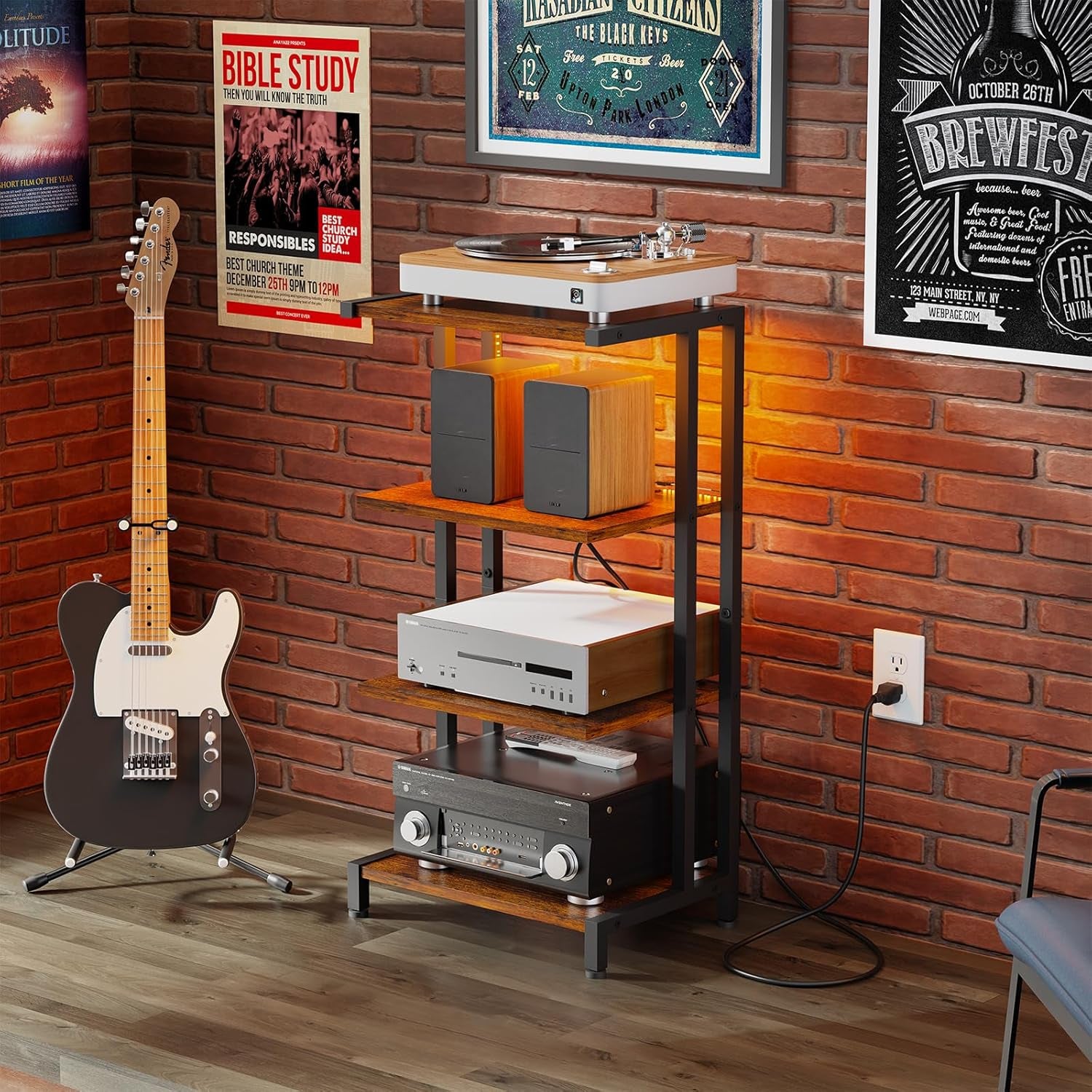 16.5" Small 4-Tier AV Media Stand with Power Strips,Narrow Version Wooden Corner TV Stand Shelf with LED Lights,Stereo Cabinet Audio Rack Stand Tower for Small Media Players and Boxes