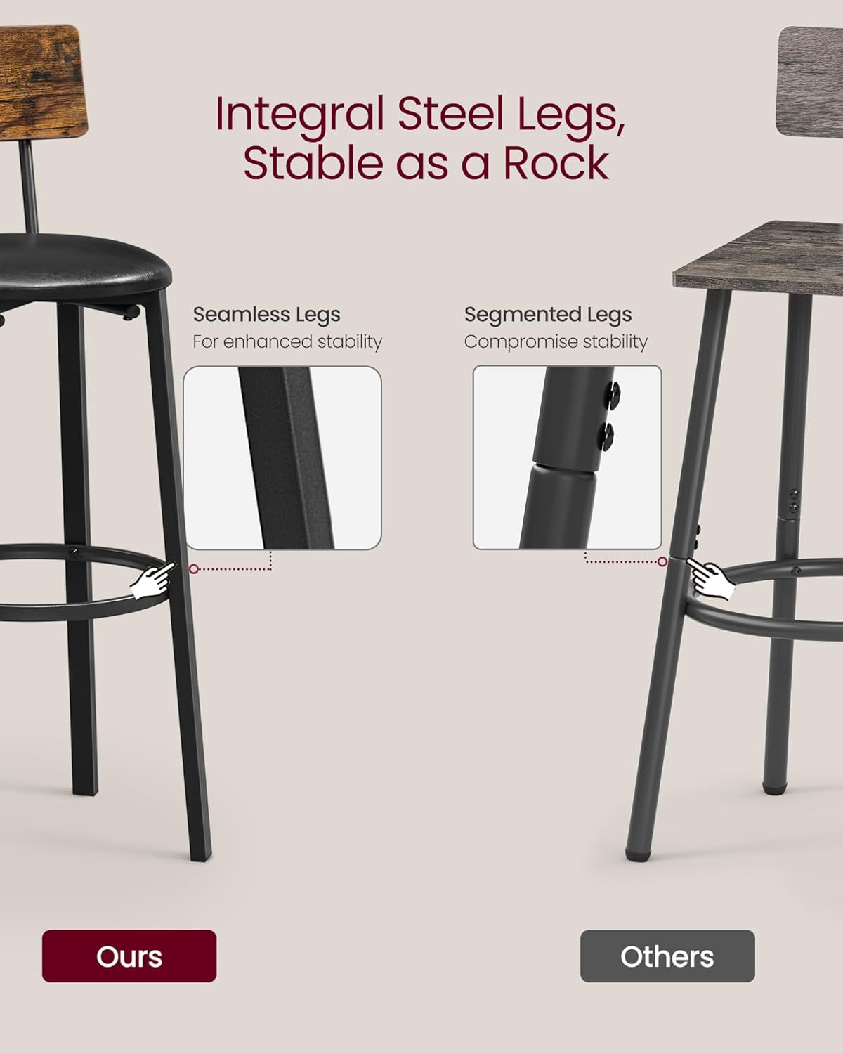 Bar Stools, Set of 2 PU Upholstered Breakfast Stools, 29.7 Inches Barstools with Back and Footrest, Simple Assembly, for Dining Room Kitchen Counter Bar, Rustic Brown and Black ULBC069B81