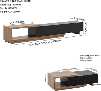 Modern Mid-Century Coffee Table and TV Stand Set of 2, Extendable Entertainment Center Set for Living Room (Black & Walnut)