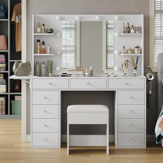 Vanity Desk with Power Outlet, 47'' W Makeup Table with Mirror and 12 LED Lights, 3 Color Lighting Modes, 11 Drawers Makeup Vanity with 4 Shelves, Fold-Up Panel, Glass Top, Vanity Set for Bedroom