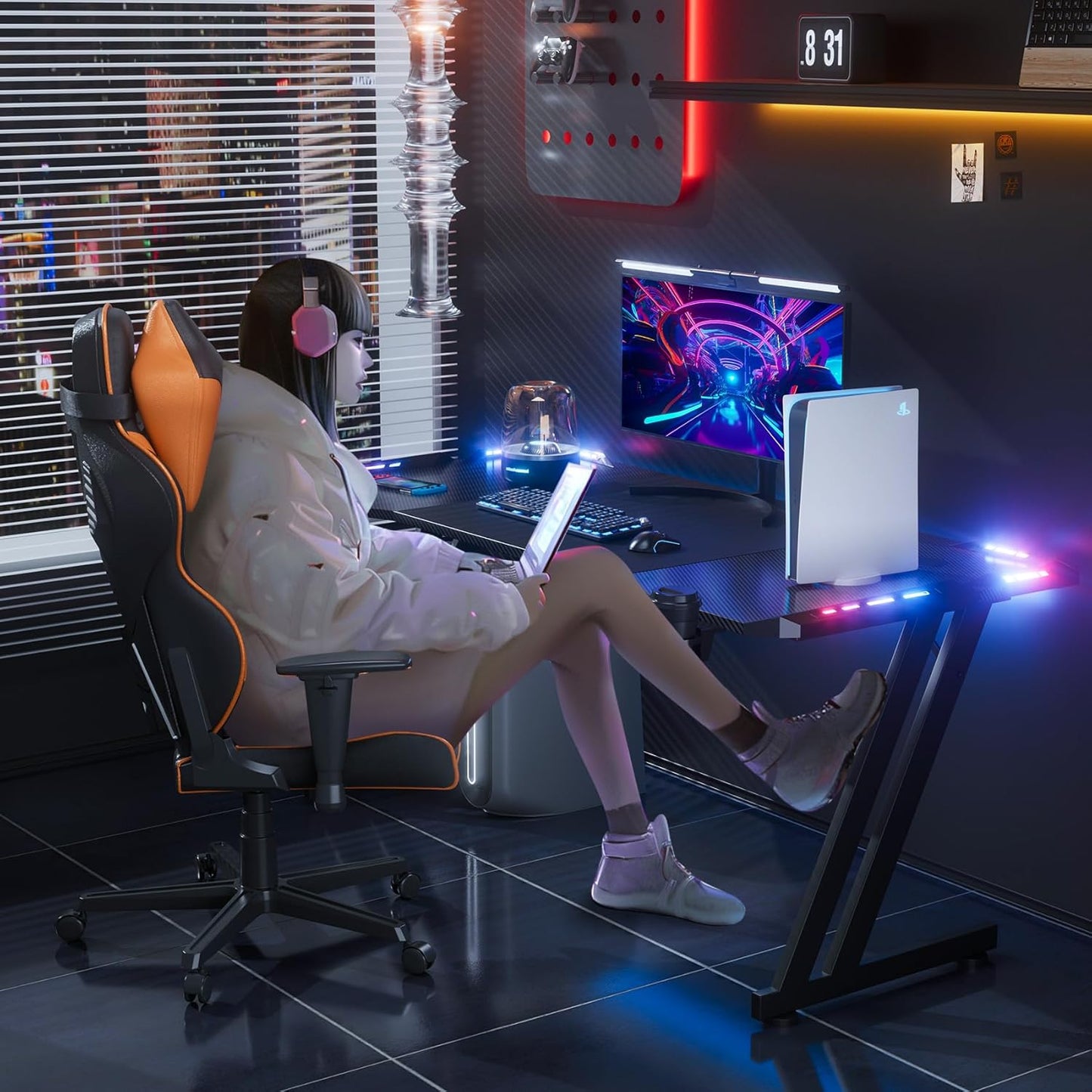 47 Inch Gaming Desk with LED Lights, Large RGB Computer Gaming Desk Table with Cup Holder Headphone Hook Mouse Pad, Ergonomic Modern Carbon Fiber Mesa Gamer Pc Work Home Office Desks, Black