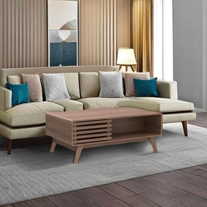 Ensley Coffee Table, Mid Century Modern Table with Storage, Farmhouse Wood Coffee Table for Living Room Fluted (Walnut)