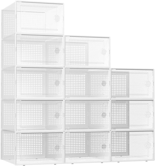 Xx-Large Shoe Storage Boxes Organizers Clear Plastic Stackable 12 Pack, Shoe Rack & Holder Substitute, Sneaker Containers, Toy Storage Organizer Bins for Entryway, Closet, under Bed, White