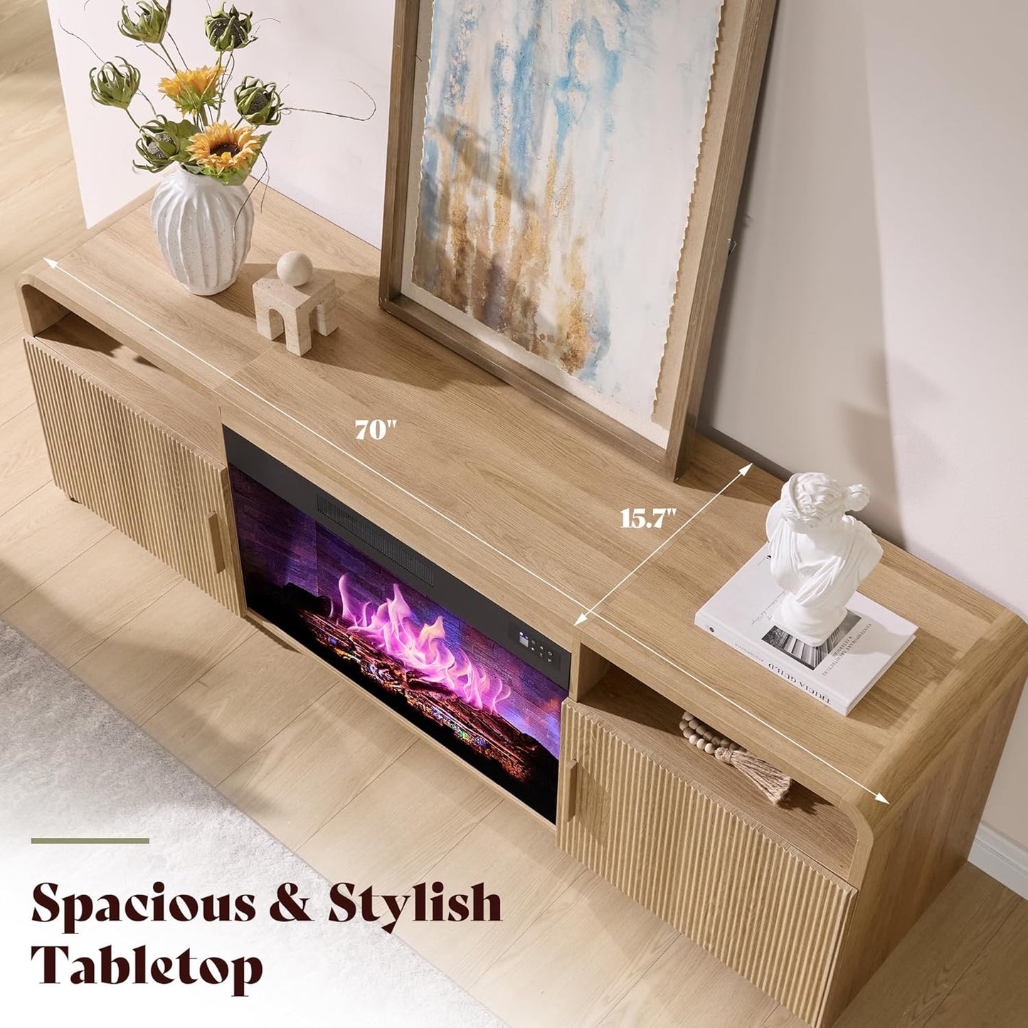 70" Fluted Fireplace TV Stand for Tvs up to 80", Modern TV Console with 30" Electric Fireplace & Storage Cabinets, Media Entertainment Center for Living Room, Natural Oak