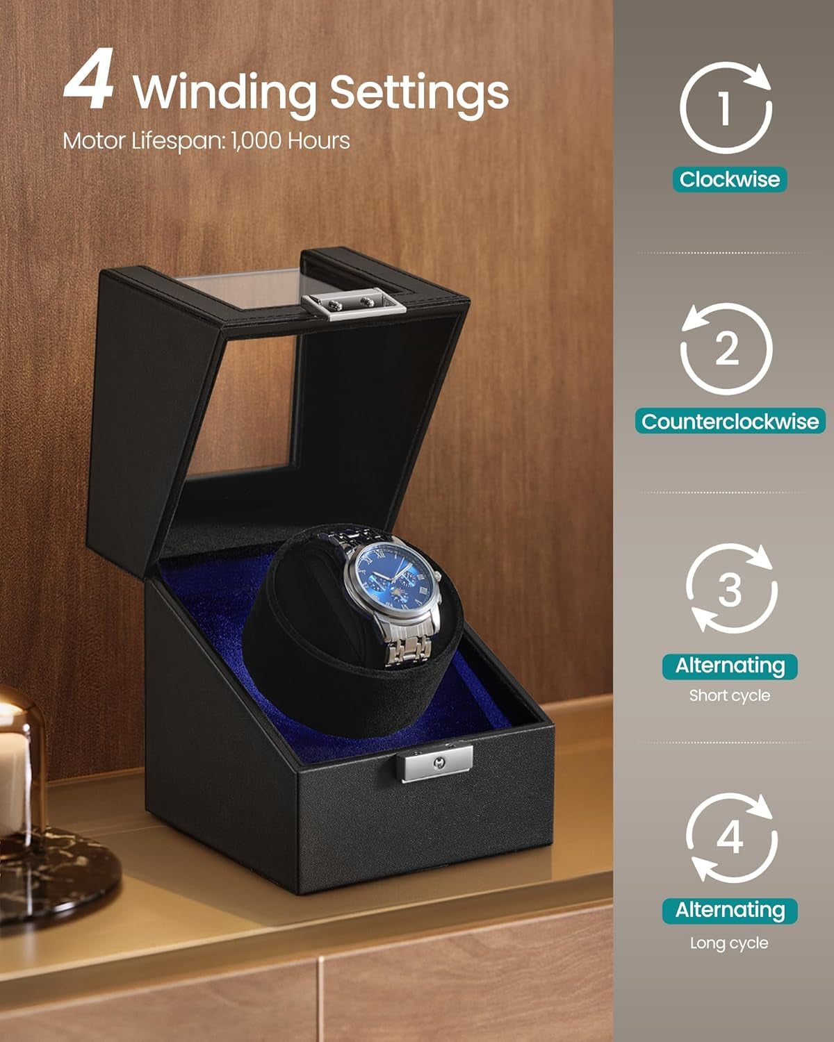 Automatic Single Watch Winder Box with Quiet Motor, for Automatic Watches, with LED Light, Adjustable Pillow, Lock, 4 Winding Settings, Includes a USB-C Charging Cable, Black UJWB030B01