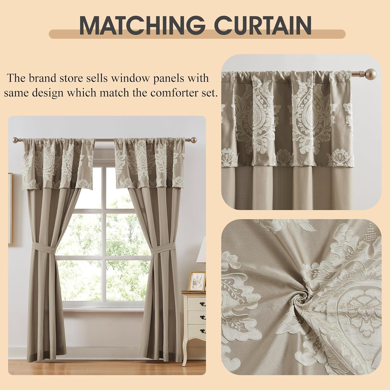 Beige King Size Comforter Set 7 Pieces, Jacquard Woven with Damask, Bedding Set in a Bag Includes Comforter, Bed Skirt, Pillow Shams, and Decorative Pillows