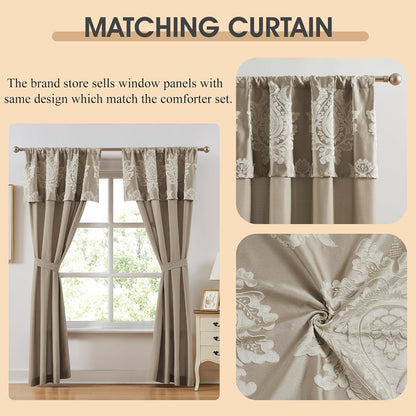 Beige King Size Comforter Set 7 Pieces, Jacquard Woven with Damask, Bedding Set in a Bag Includes Comforter, Bed Skirt, Pillow Shams, and Decorative Pillows