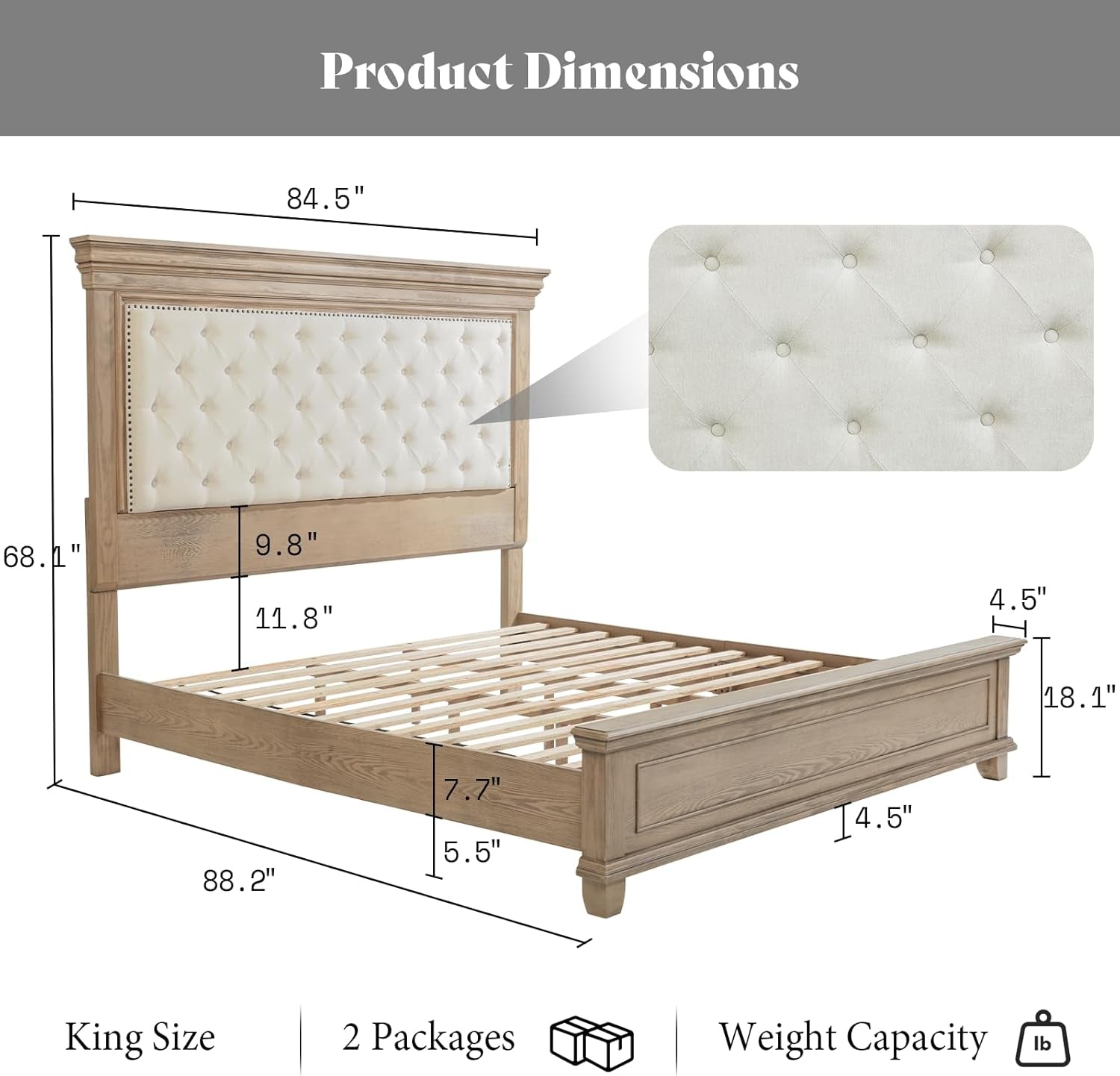 68.1" H King Size Bed Frame with Upholstered Headboard, Solid Wood Farmhouse Platform Bed, Architectural Design, No Box Spring Needed, Light Oak