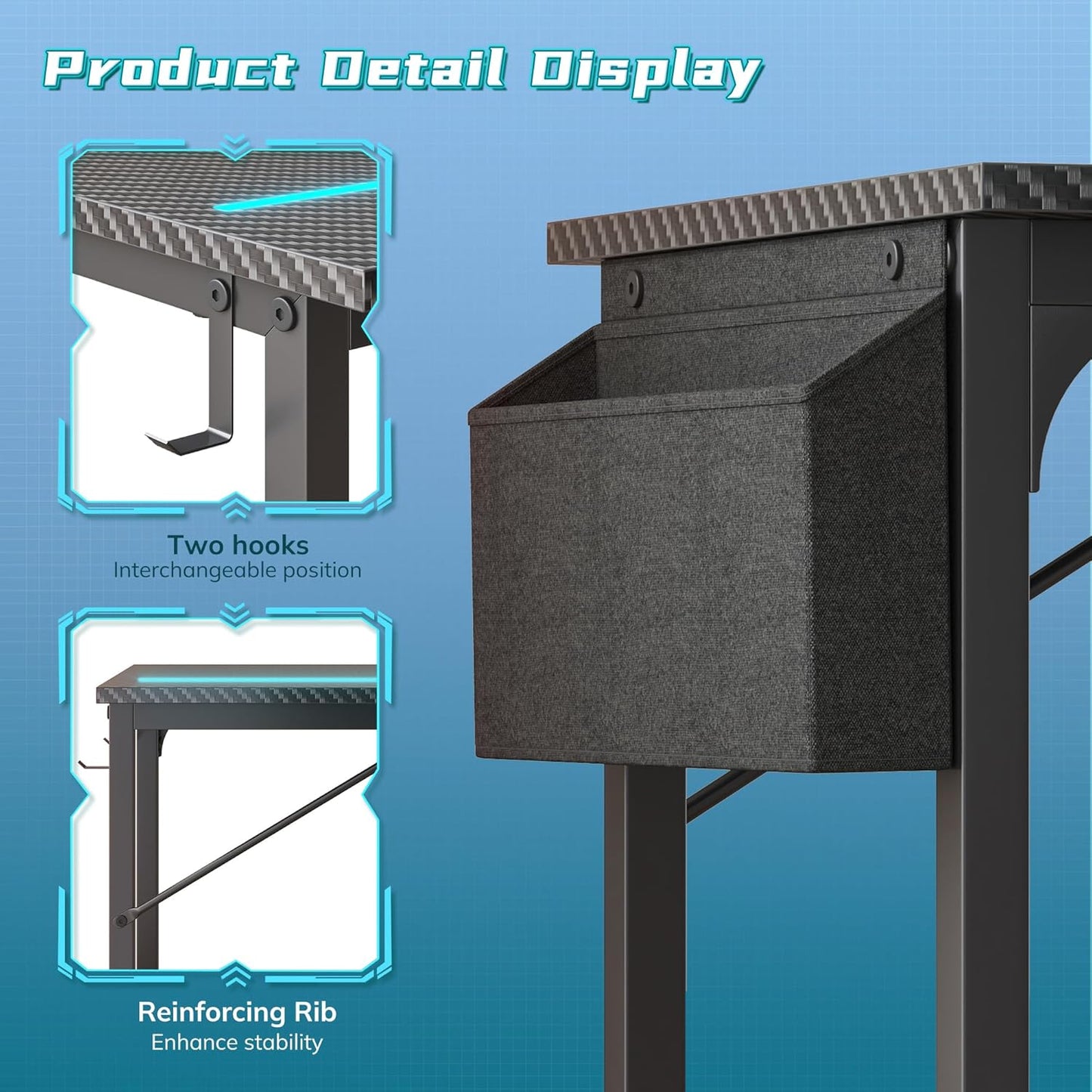 55 Inch Computer Desk with LED Lights, Gaming Desk with Storage Bag for Home Office, Simple Office Desk with Headphone Hook for Study Writing Work Desk,Sturdy Metal Frame,Black