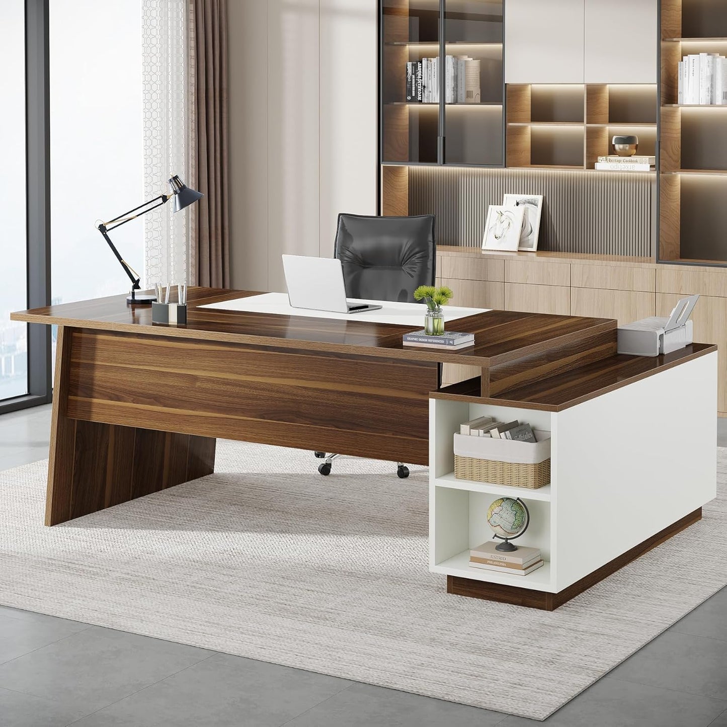 L-Shaped Executive Office Desk, 70.5-Inch Mid-Century Modern Executive Desk with Storage Cabinet and Shelves, Large Computer Desk for Home Office, Brown + White