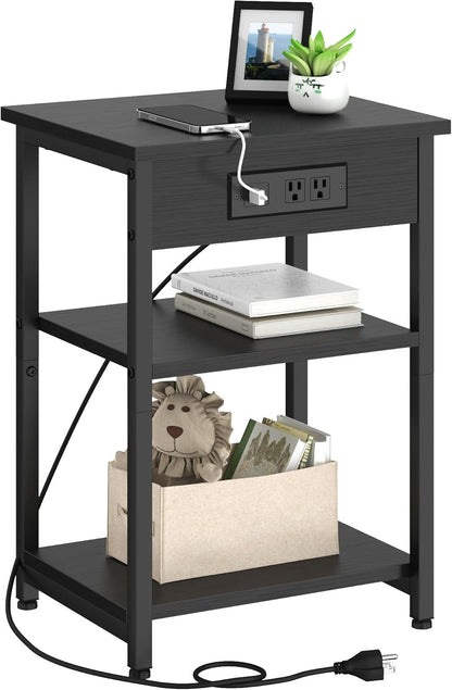 End Tables with Charging Station USB Ports, 3 Tier Tall Night Stand with Storage Shelves,Narrow Side Table for Small Space Living Room Bedroom Office, Record Player Stand, Black