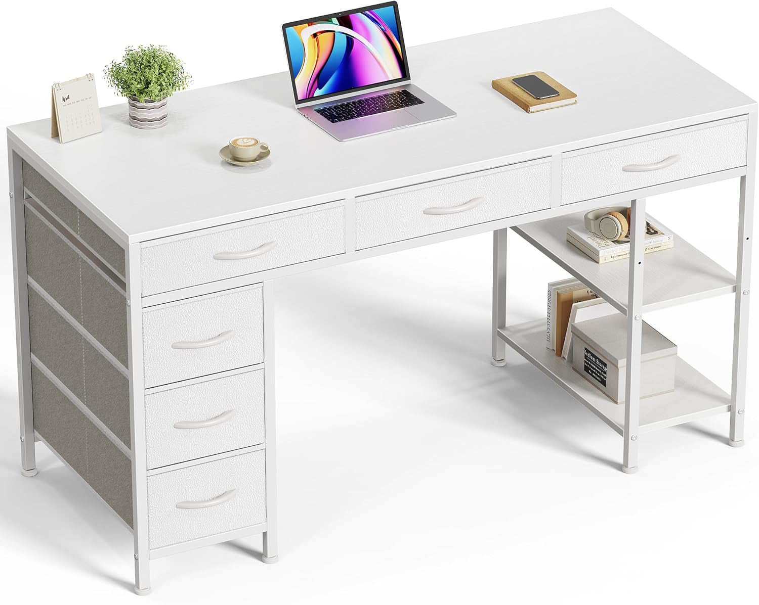 Computer Desk with 6 Drawers, Office Desk with Shelves, Reversible Gaming Desk, Corner Desk with Storage, Work for Home Office, Study, Living Room, 47Inch, White