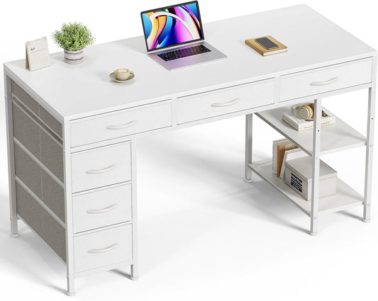 Computer Desk with 6 Drawers, Office Desk with Shelves, Reversible Gaming Desk, Corner Desk with Storage, Work for Home Office, Study, Living Room, 47Inch, White