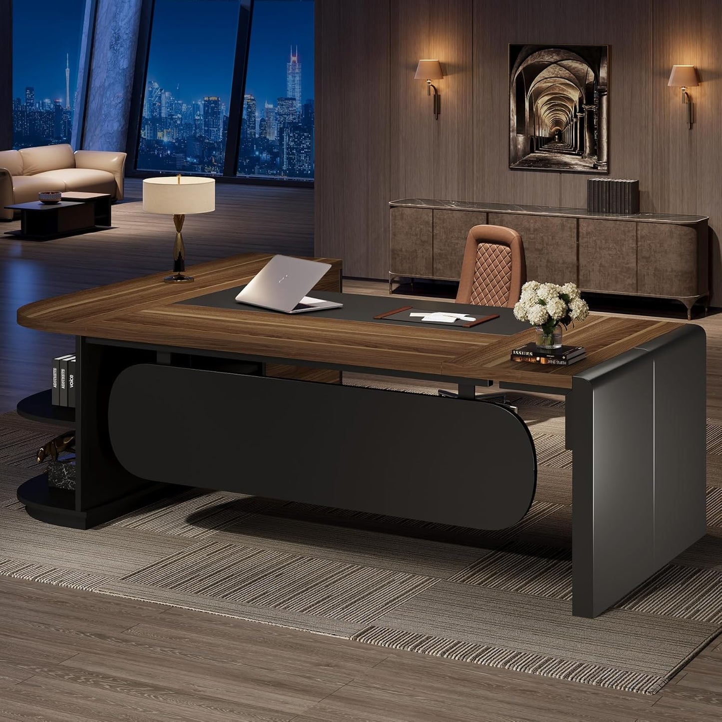 81-Inch L-Shaped Office Desk, Large Commercial Office Desk with Drawers and File Cabinet, Modern Professional Business Furniture Workstations with Storage Shelves, Brown & Black