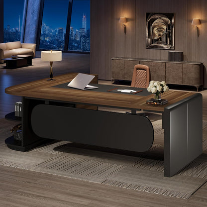 81-Inch L-Shaped Office Desk, Large Commercial Office Desk with Drawers and File Cabinet, Modern Professional Business Furniture Workstations with Storage Shelves, Brown & Black