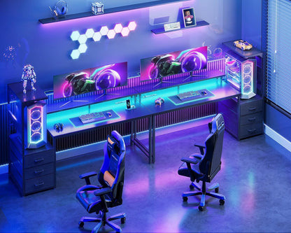 52 Inch Gaming Desk with USB Charging Ports & LED Light - Reversible Computer Desk with 3 Fabric Drawers, Monitor Stand, CPU Stand, and Side Hook, Modern Office Desk, Black
