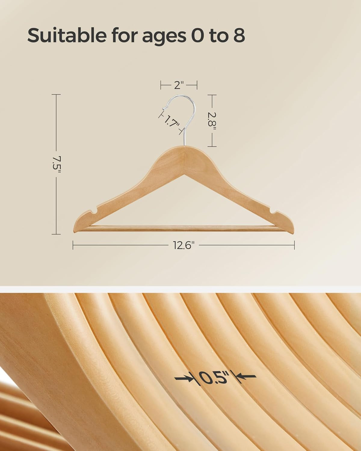 Kids Wooden Hangers 20 Pack, Solid Wood Baby Hangers, Children'S Coat Hangers with Pants Bar, Shoulder Notches, Swivel Hooks, 12.6 X 7.5 Inches, Natural and Silver UCRW06NL