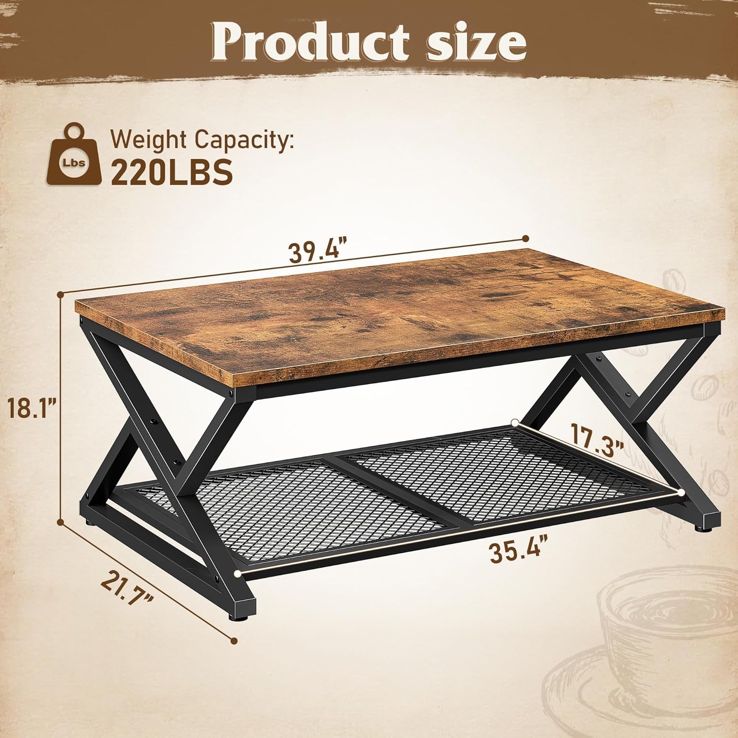 Coffee Table with Storage, Modern Coffee Tables for Living Room with Mesh Shelf, 2 Tier Rectangular Center Table for Living Room, Bedroom, 39.4 Inch, Rustic Brown