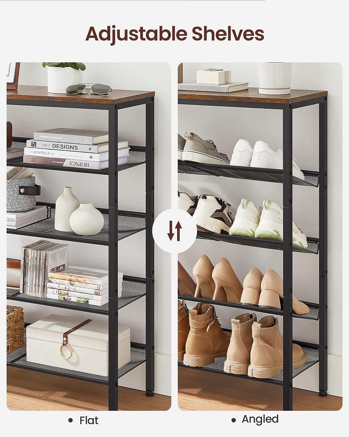 Shoe Rack for Entryway, 5-Tier Shoe Rack Organizer with Storage Shelves and Spacious Top, Freestanding, Adjustable, Industrial, Charcoal Grey and Metallic Silver ULBS038E22