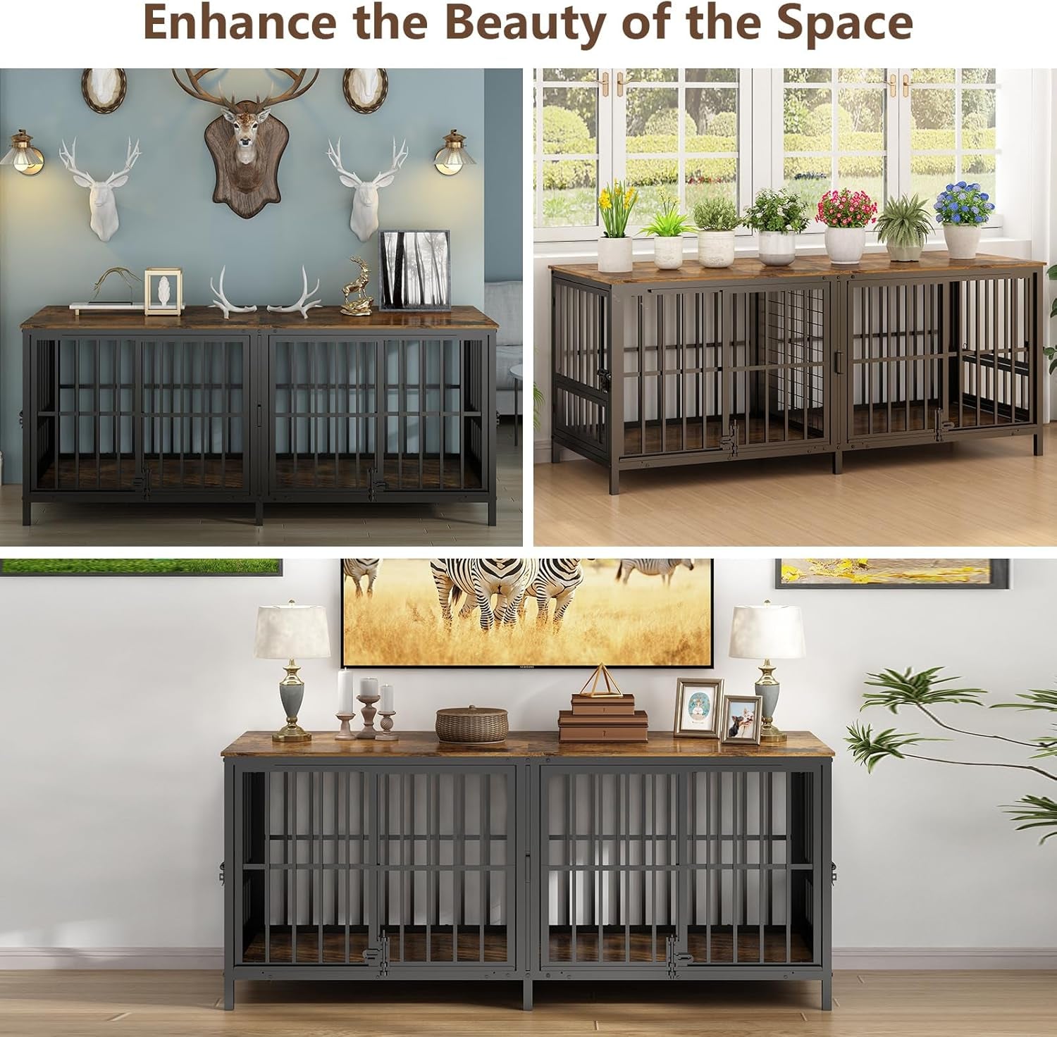 Extra Large 80" Dog Crate Furniture for 2 Dogs, Double Dog Crates for Large Dogs with 2 Dog Bowl, Wooden Pet Cage with Removable Divider, Sliding Door Dog Crate TV Stand, Space Saving