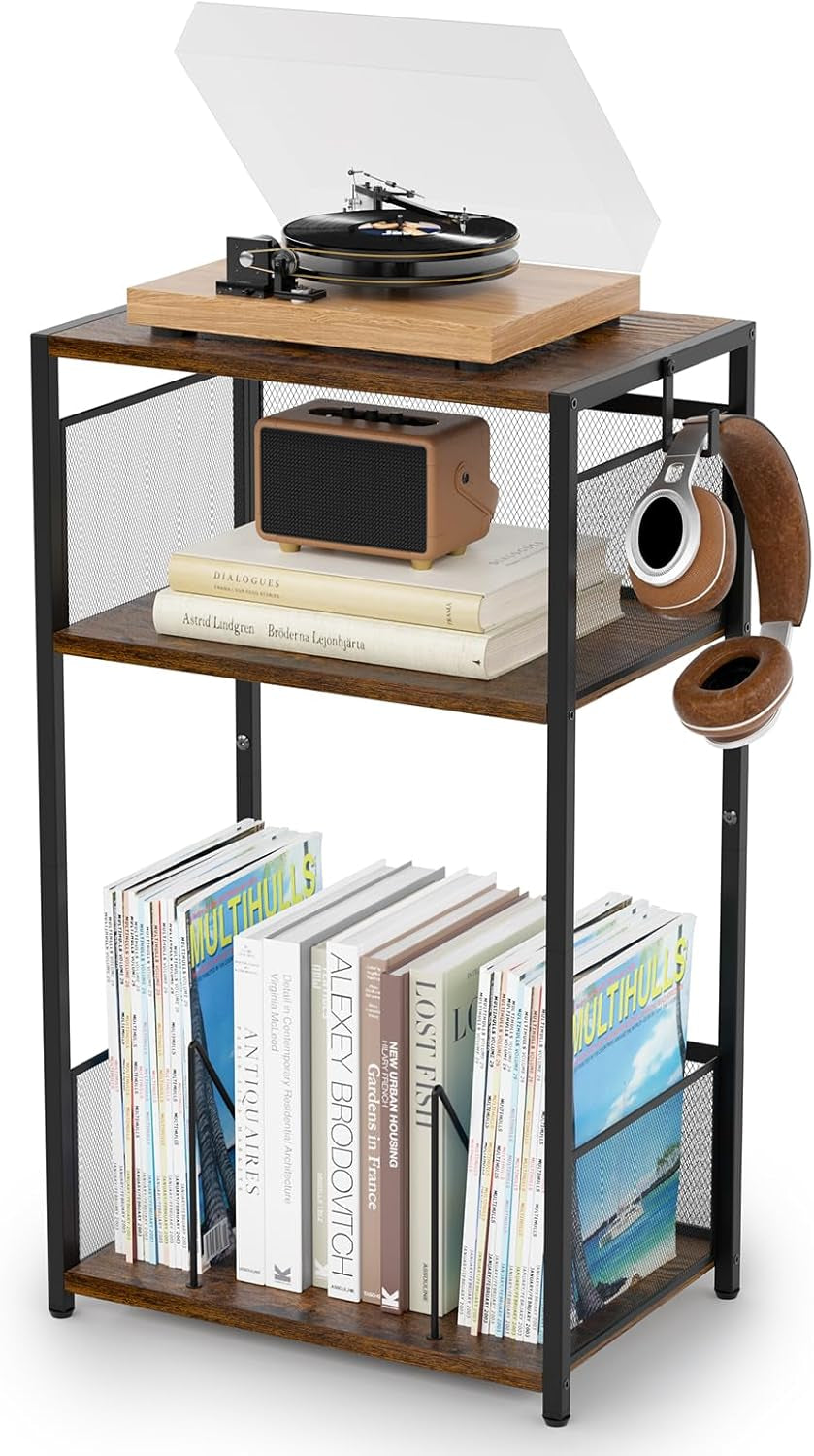 3-Tier Record Player Stand with Storage for up to 100 Vinyl Albums, Turntable Shelf with Brown Finish for Living Room & Bedroom