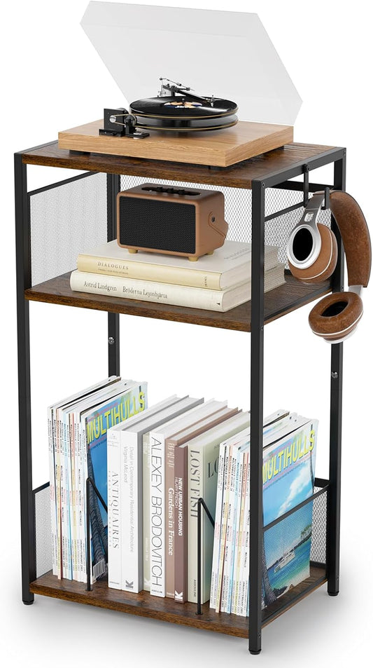 3-Tier Record Player Stand with Storage for up to 100 Vinyl Albums, Turntable Shelf with Brown Finish for Living Room & Bedroom