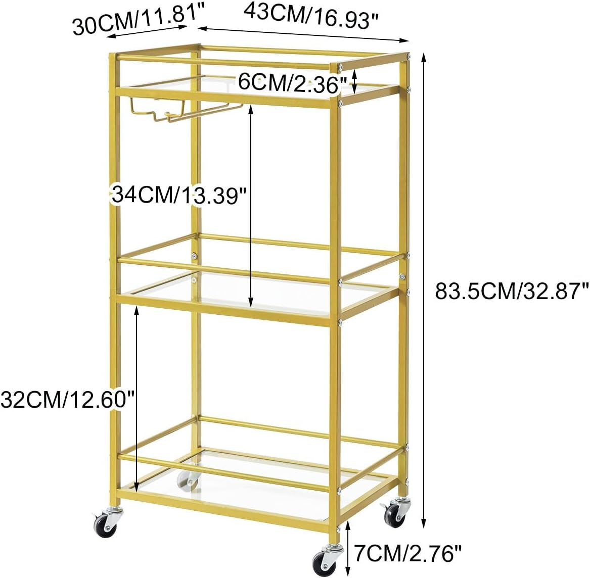 Home Bar Serving Cart,Small Bar Cart with 3-Tier Glass Shelf, Mobile Drink Shelf with Wine Holders and Glass Holders,Mini Bar for Outdoor, Small Space, Kitchen Gold TMJ519G