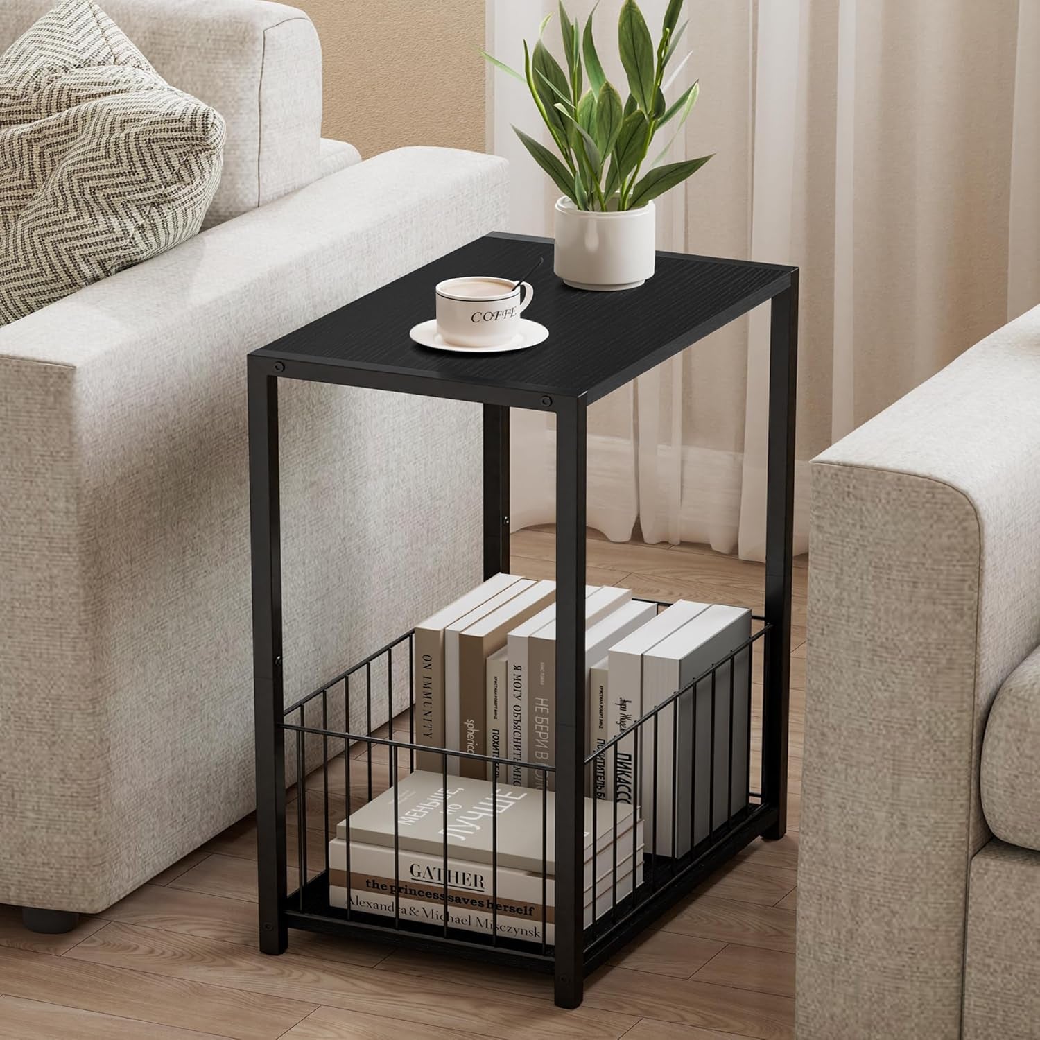 Side Table with Magazine Holder, Record Player Stand with LP Shelf, End Table for Living Room, Bedroom, or Bedside, Easy Assembly, 11" D X 16.9" W X 23.6" H, Black