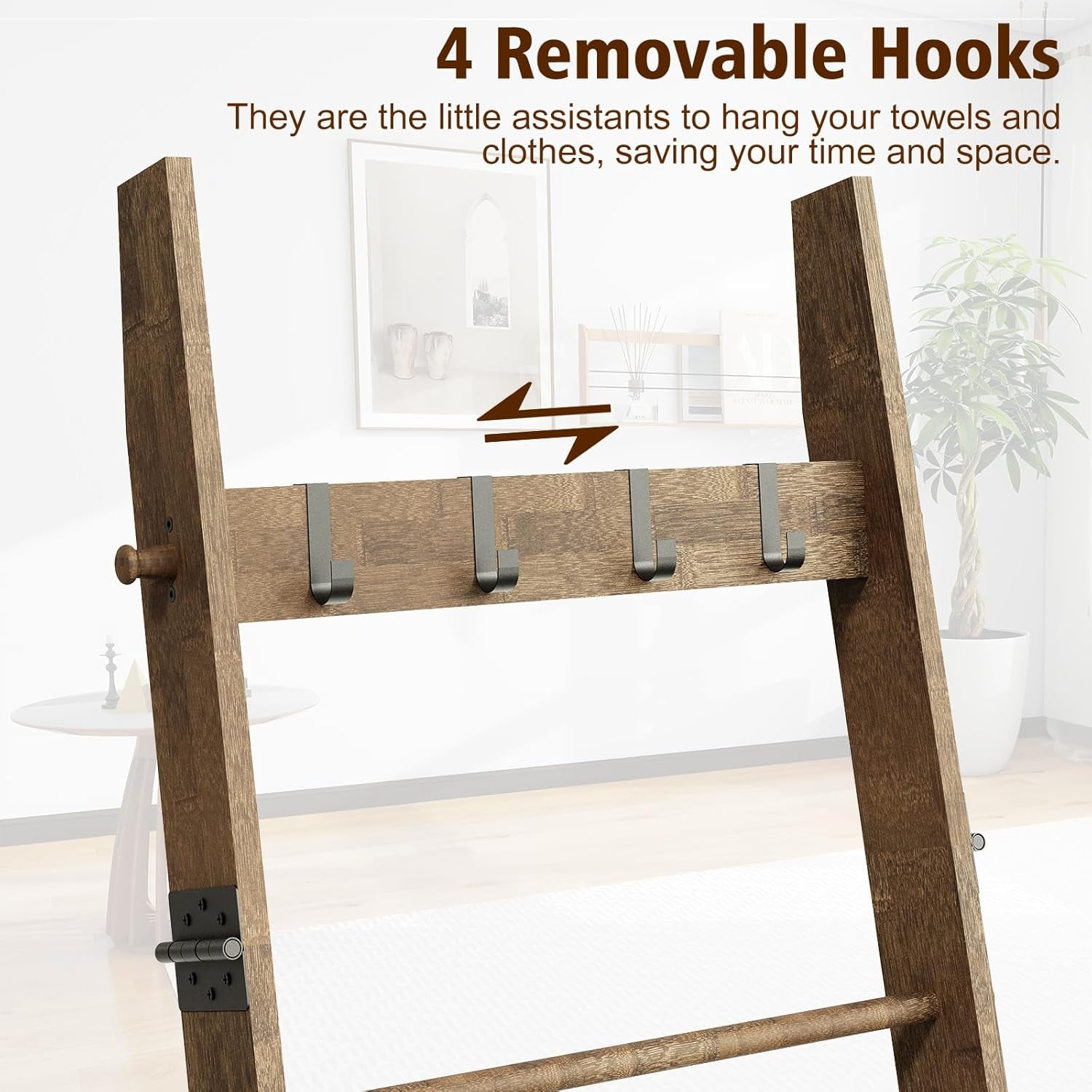 5-Tier Bamboo Ladder Shelf, Farmhouse Style Blanket Ladder, Rustic Decorative Ladder with 4 Removable Hooks, Brown