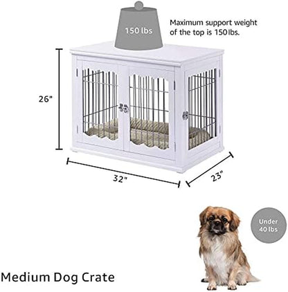 36 Inch Furniture Style Dog Crate End Table with Cushion, Wooden Wire Pet Kennels with Double Doors, Large Dog House Indoor Use