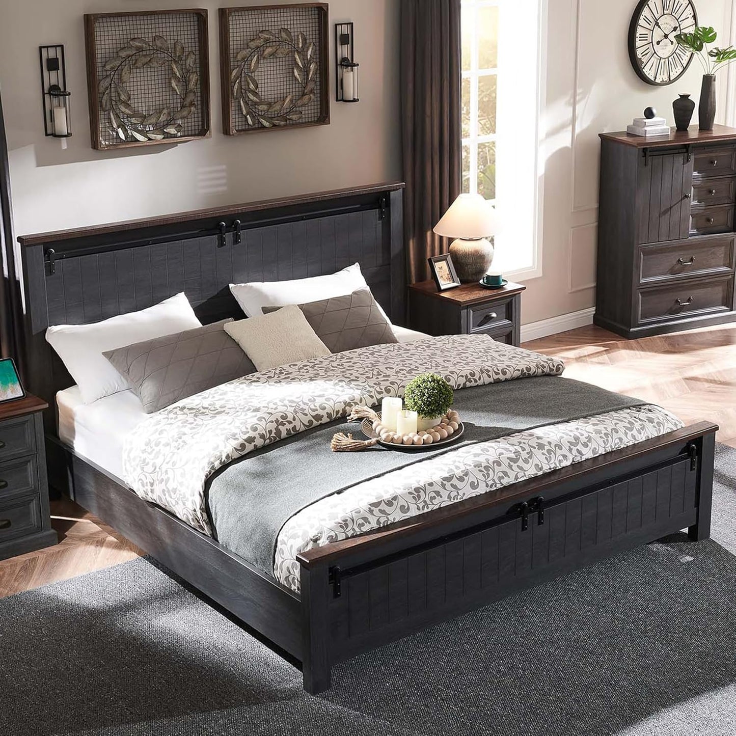 Farmhouse Queen Size Bed Frame with 47" Headboard, Wood Bed Frame with Groove Sliding Barn Door Footboard, Platform Bed with Wood Slats Support, No Box Spring Needed (Dark Grey)