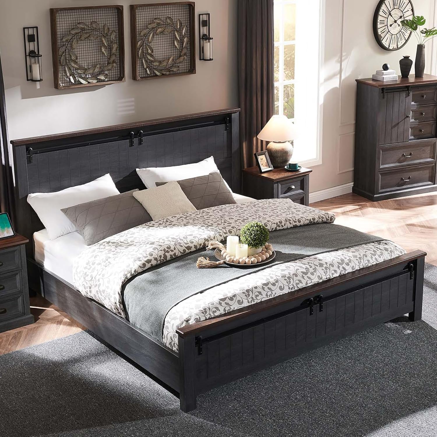Farmhouse Queen Size Bed Frame with 47" Headboard, Wood Bed Frame with Groove Sliding Barn Door Footboard, Platform Bed with Wood Slats Support, No Box Spring Needed (Dark Grey)
