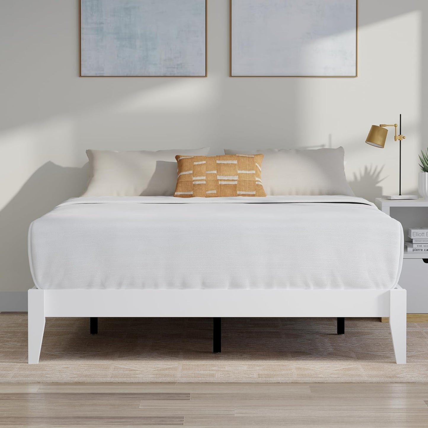 Serene Farmhouse Style Wood Bed Frame in Queen Size (No Headboard) - Coastal Modern Design, Sturdy, Easy Assembly, Ample Underbed Storage, White Finish