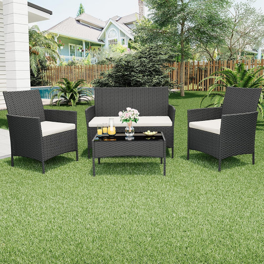Patio Furniture Set 4 Pieces, Outdoor Patio Furniture Set with Rattan Wicker Chairs, Glass Table and Cushions for Porch, Balcony, Backyard, Garden, Poolside, Brown & Red (Black and Beige, 4 Pieces)