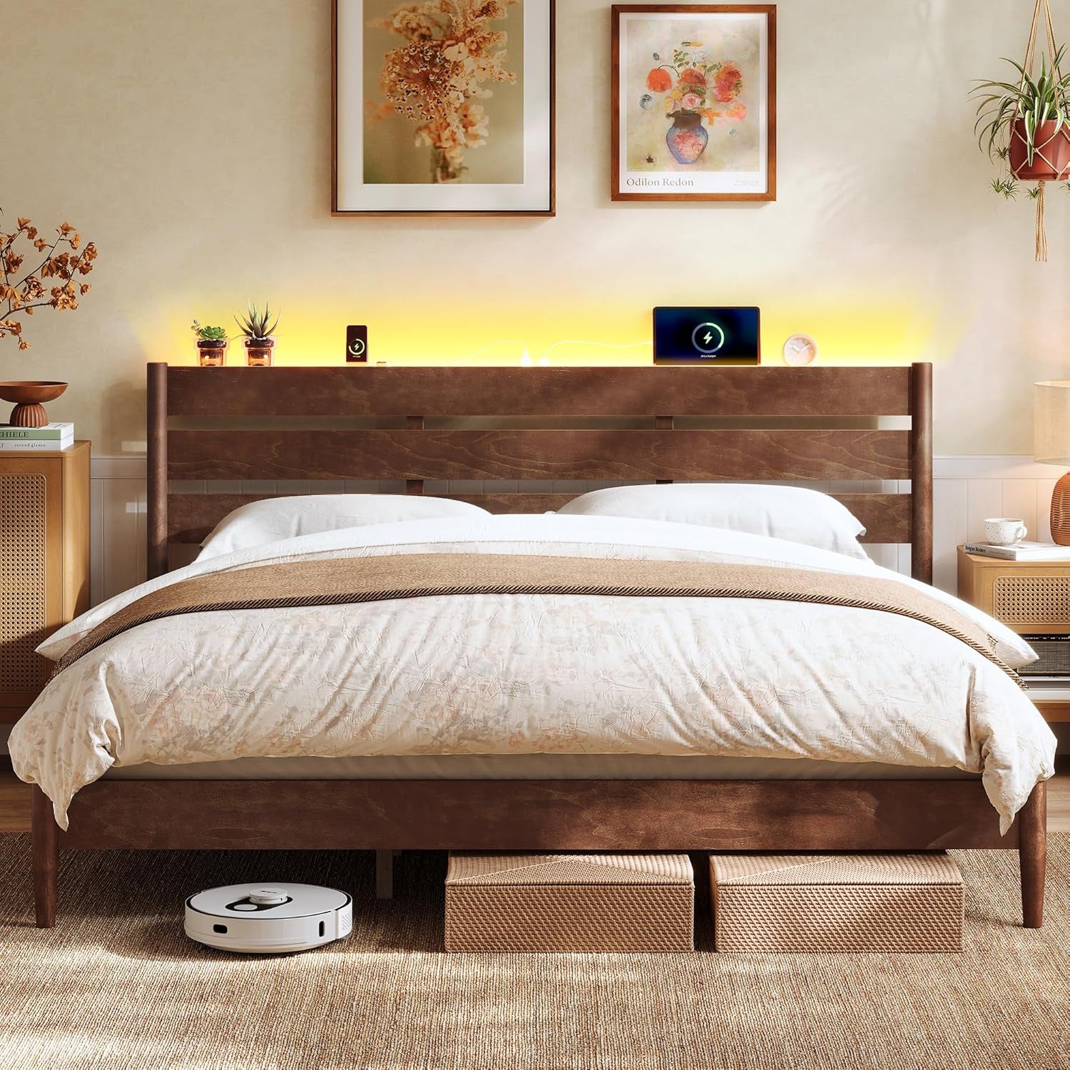 HOME King Bed Frame with Solid Wood Legs Slats, Platform Bed with Headboard, LED Lights, Charging Station, Mid-Century Modern Style, No Box Spring Needed, Coffee Brown URMB414K02