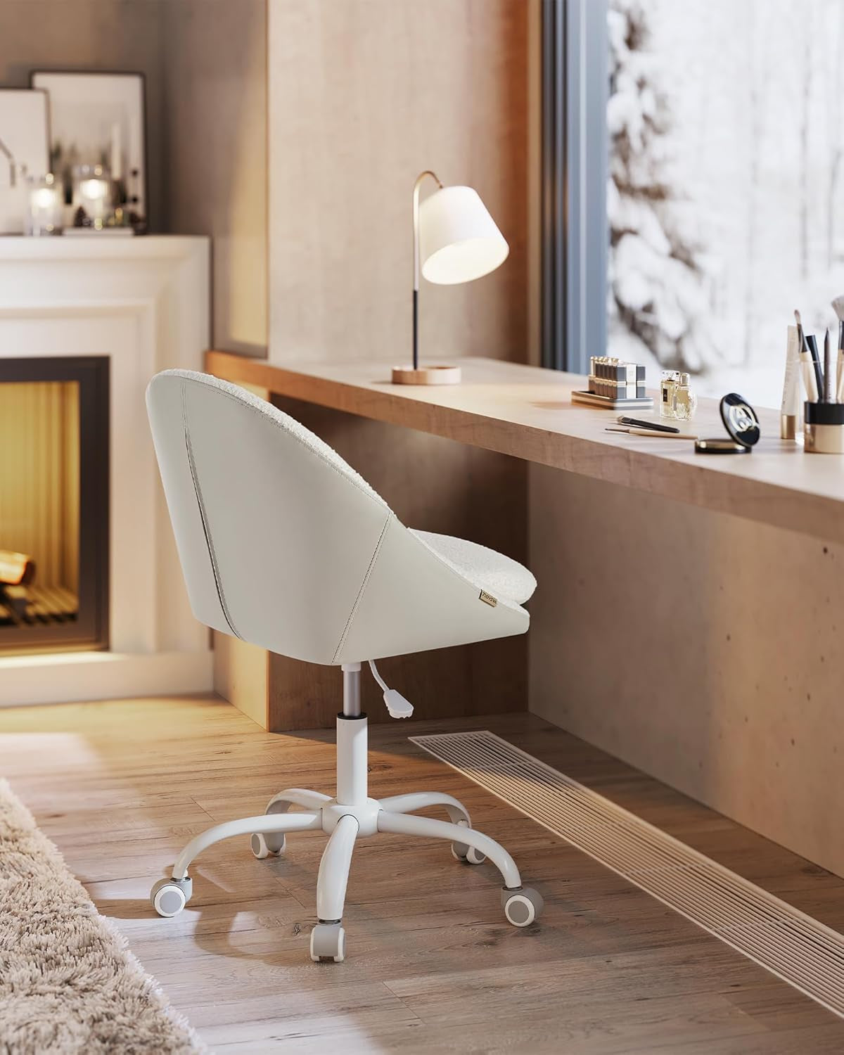 Vanity Chair with Back, Adjustable Swivel Cute Desk Chair with Wheels, Sherpa and PU Leather for Lumbar Support, Compact for Small Spaces, Bedroom, Cappuccino Beige and Cloud White UOBG020W91