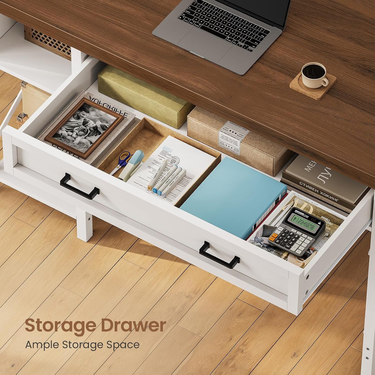 Farmhouse Small Desk with Drawers, 40" Computer Desk with Storage Shelves, White Writing Desk for Small Space and Power Outlet, Desk for Bedroom, Home Office