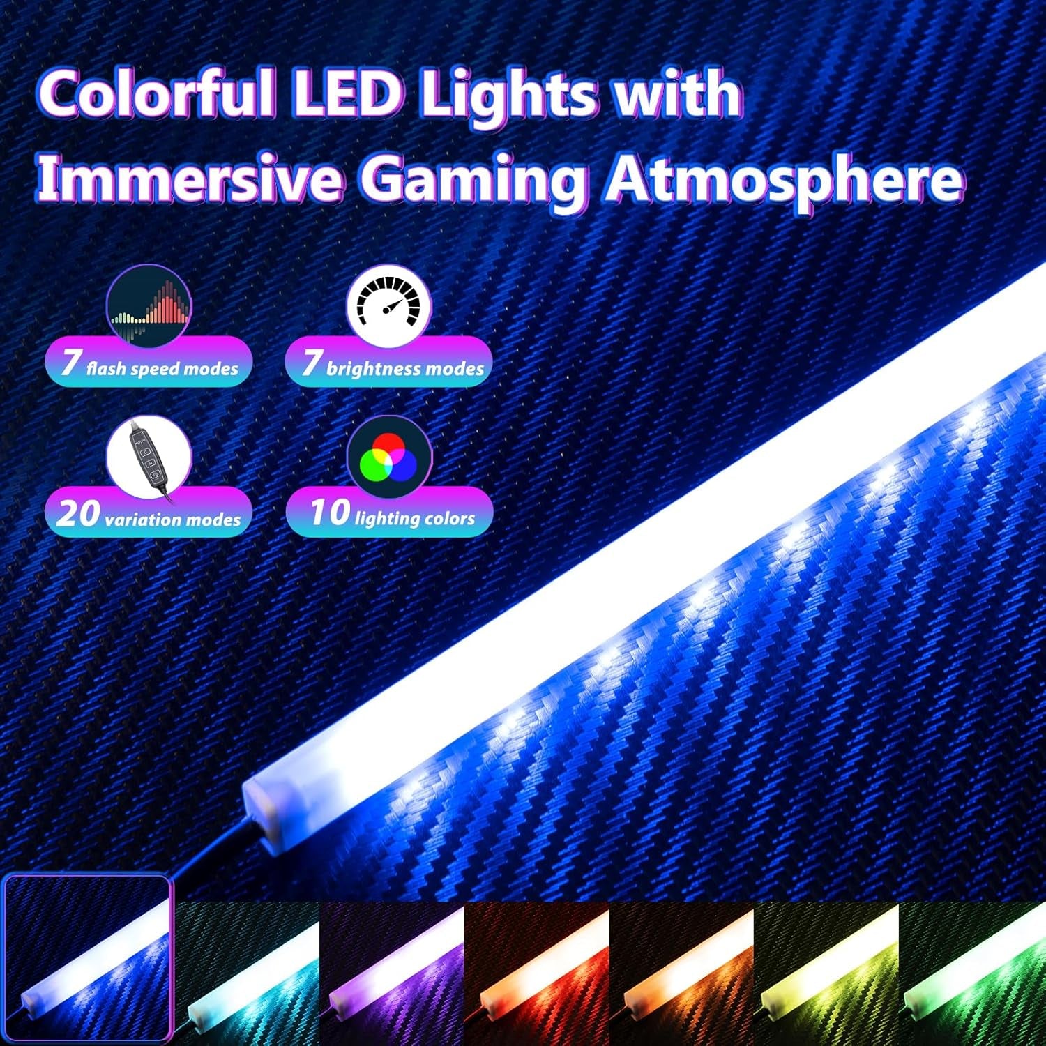 Gaming Desk with Power Outlet & LED Lights, Computer Desk 48 Inch with PC Storage Shelf, Gaming Table with Carbon Fiber Texture, Gamer Desk, Gift for Boys Men, Black