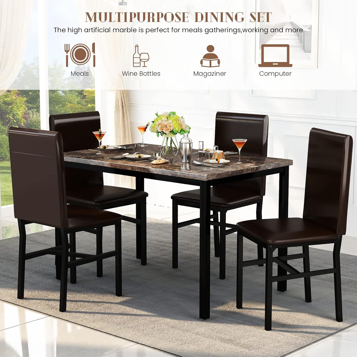 5 Piece Dining Table Set for 4,Faux Marble Kitchen Table and Chairs for 4, Modern Dining Room Table with 4 Chairs,Dinner Table Set for Small Spaces, Brown
