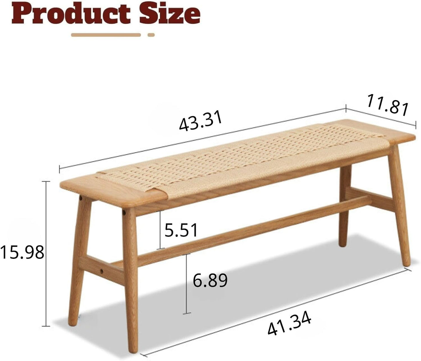 100% Solid Oak Farmhouse Entryway Bench, Wooden Bench Indoor with Hand Woven Rope Surface Design, Wood Bench for End of Bed with Solid Structure(Natural, 43.31" Wx11.81 Dx15.98 H)