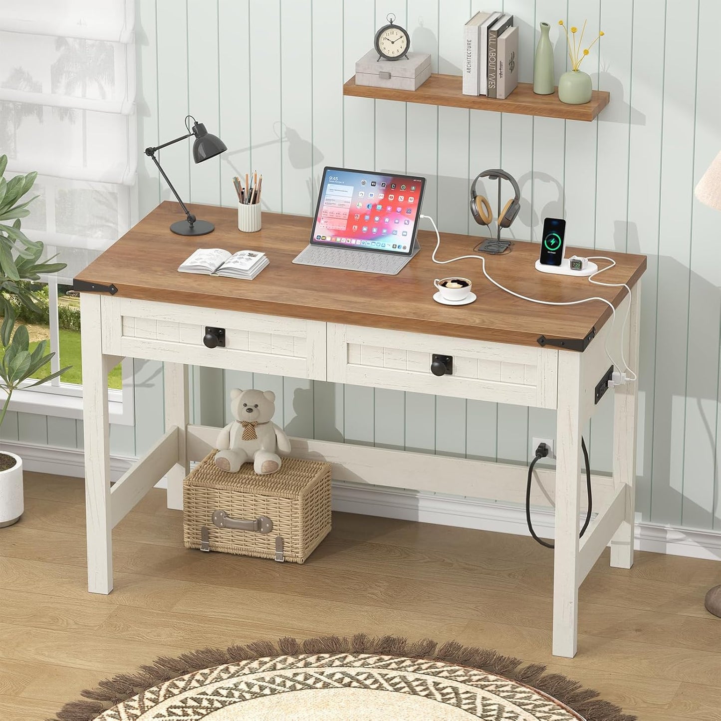 Farmhouse Computer Desk with 2 Drawers, 39 Inch Small Office Computer Desk with Power Outlets, Compact Writing Study Desk for Small Spaces, Antique White